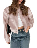 Womens Cropped Bomber Jacket Button Down Varsity Jackets Shackets with Pockets