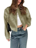 Womens Cropped Bomber Jacket Button Down Varsity Jackets Shackets with Pockets