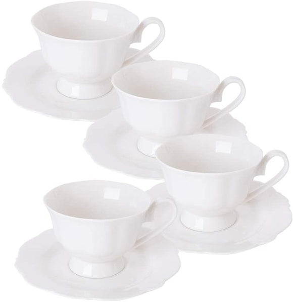 Eileen's Reserve New Bone China Pure White Teacup and Saucer, Set of Four