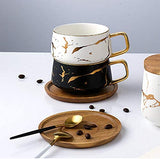 ENJOHOS 10 Oz Ceramic Tea Cup Coffee Cup Set with Wooden Saucer European Golden Hand Cup Saucer Set(Black)