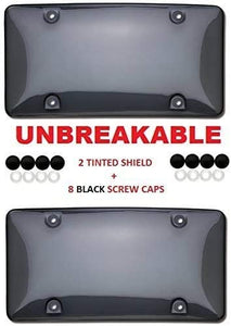Clear Smoked License Plate Shield Combo 2 Pack Premium Unbreakable Quality fits Standard 6" x 12" Plates Includes 8 Black Screw Caps