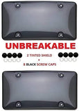 Clear Smoked License Plate Shield Combo 2 Pack Premium Unbreakable Quality fits Standard 6" x 12" Plates Includes 8 Black Screw Caps