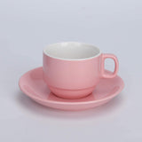 Porcelain Stackable Espresso Cups/Mugs with Saucers set and Metal Stand rack - 8 Ounce for Specialty Coffee/Tea/Latte Drinks, Single/Double Expresso (Demitasse) - Set of 4 Pink & Purple Edition