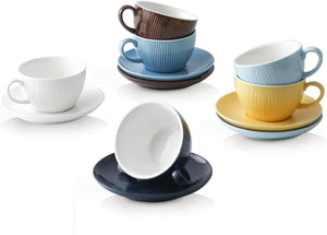 KOOV Latte Mugs, 10 oz Porcelain Cappuccino Cup and Saucer, Latte Cup, For Latte, Cafe Mocha, Coffee Shop and Barista, Set of 6 (White)