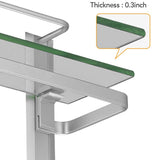 BESy Heavy Duty Lavatory Glass Bathroom Shelf, 2 Tier Tempered Glass Shower Shelves with Towel Bar Wall Mounted, Shower Storage 15 by 5 inches, Dull Polished Finish/Aluminum