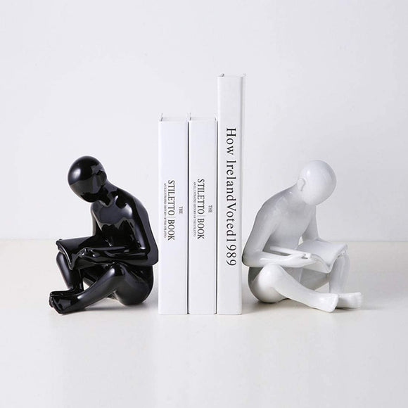 Ceramic Reading Bookend 1 Pair,Decorative Figurine Accent Piece for Home,Office,Table and Desk Decor (White and Black)