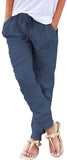 Womens Tapered Pants Cotton Linen Drawstring Back Elastic Waist Pants Casual Trousers with Pockets.