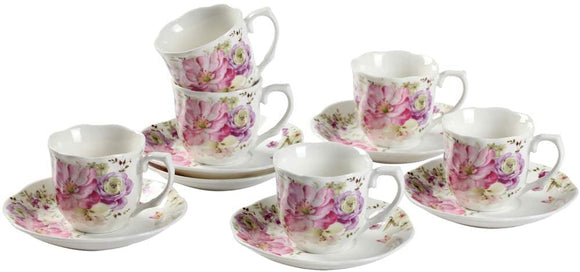 GY 12 PCS Tea Set - 7oz New Bone China tea Cups and Saucers with Pink Flower Pattern Porcelain Cups for Mocha Cappuccino Tea and coffee