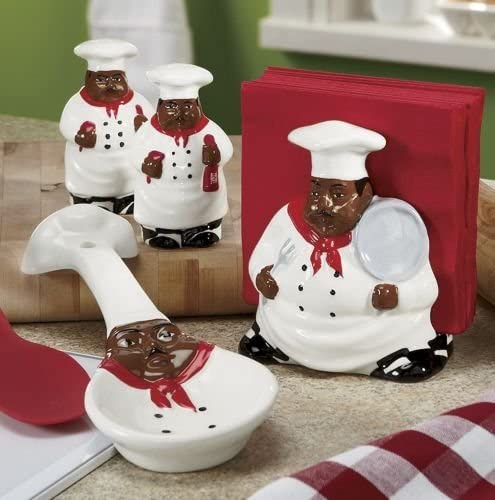 ACK African American, Black Happy Bistro Chef Hand Painted Ceramic Table Top Set, 89025/28