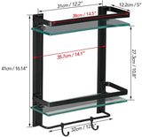 Hoimpro Bathroom Lavatory Glass Shower Shelf, Tempered Glass 2 Tier Shelves with Towel Bar Wall Mounted Shower Storage, Square Style, Heavy Duty Aluminum/Matte Black