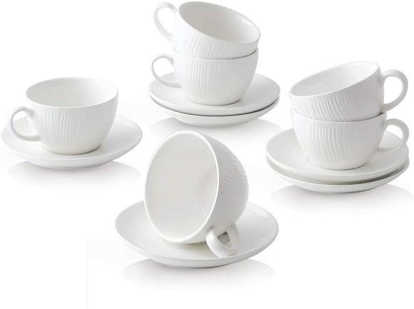 KOOV Latte Mugs, 10 oz Porcelain Cappuccino Cup and Saucer, Latte Cup, For Latte, Cafe Mocha, Coffee Shop and Barista, Set of 6 (White)