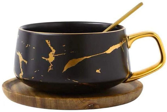 YBK Tech Porcelain Tea Cup Coffee Mug Set for Afternoon Tea - Marble Pattern (Black, Short 300ml + bamboo saucer)