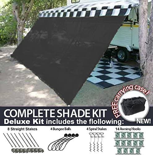 RV Awning Shade Motorhome Patio Sun Screen Complete Deluxe Kit (Black) (10'x14')