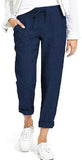 Womens Tapered Pants Cotton Linen Drawstring Back Elastic Waist Pants Casual Trousers with Pockets.