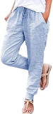 Womens Tapered Pants Cotton Linen Drawstring Back Elastic Waist Pants Casual Trousers with Pockets.