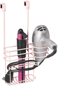 mDesign Metal Over Door Hair Care & Styling Tool Storage Organizer Basket for Hair Dryer, Flat Iron, Curling Wand, Hair Straightener, Brush - Hang Inside or Outside Cabinet Doors, 2 Sections - Chrome