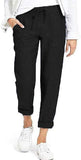 Womens Tapered Pants Cotton Linen Drawstring Back Elastic Waist Pants Casual Trousers with Pockets.