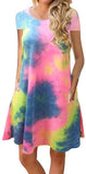 Womens Summer Floral Print Sleeveless Sundress/Short Sleeve Pockets Casual Loose Swing T-Shirt Dress