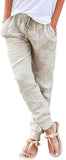 Womens Tapered Pants Cotton Linen Drawstring Back Elastic Waist Pants Casual Trousers with Pockets.