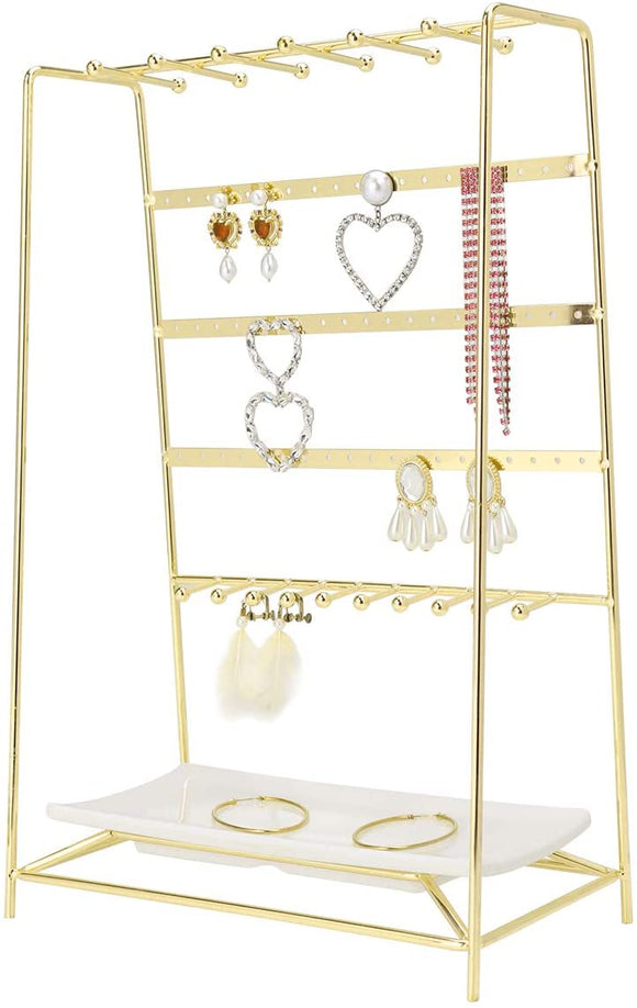 Jewelry Organizer, MORIGEM 5 Tier Jewelry Stand, Decorative Jewelry Holder Display with White Tray for Necklaces, Bracelets, Earrings & Rings, Gold