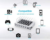 Hercules Tuff Charging Station for Multiple Devices (Silver) - 3 Short Type-C and 3 Short Micro USB Cables Included for Cell Phones, Smart Phones, Tablets, and Other Electronics