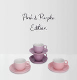 Porcelain Stackable Espresso Cups/Mugs with Saucers set and Metal Stand rack - 8 Ounce for Specialty Coffee/Tea/Latte Drinks, Single/Double Expresso (Demitasse) - Set of 4 Pink & Purple Edition