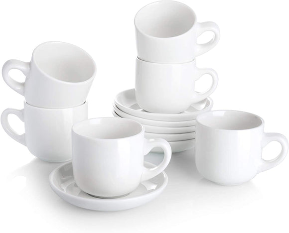 Teocera Porcelain Cappuccino Cups with Saucers - 6 Ounce for Coffee Drinks, Latte, Cafe Mocha and Tea - Set of 6, White