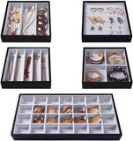 Viefin Velvet Stackable Jewelry Tray, Earring Drawer Insert Display Show Case, Dresser Organizer for Ring Stud, Necklace Holder Storage Box Chest,Grey 4 in 1(without lid)