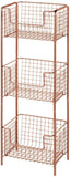 mDesign 3 Tier Vertical Standing Bathroom Shelving Unit, Decorative Metal Storage Organizer Tower Rack Center with 3 Basket Bins to Hold and Organize Bath Towels, Hand Soap, Toiletries - Copper