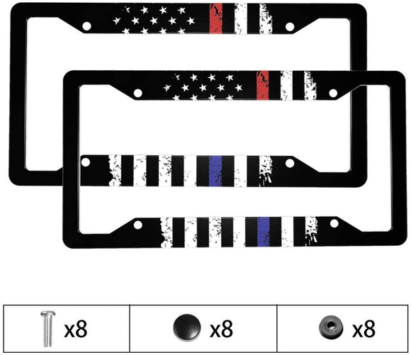 CEZEHAJI Black License Plate Frames American Flag Holder Cover Car Exterior Accessories Blue Red Personalized Aluminum Tag with 4 Holes and Screws 2 Pieces