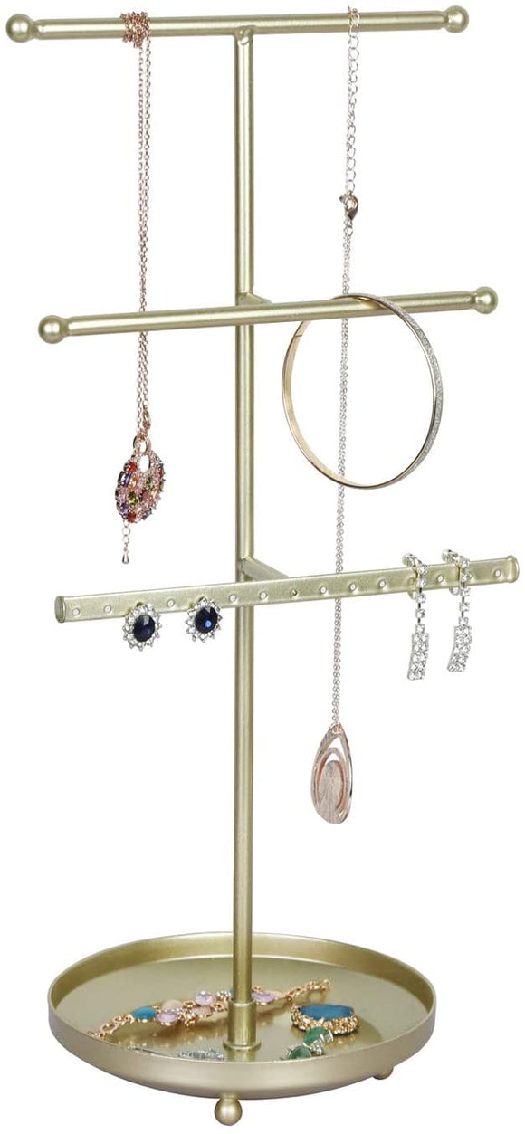 OROPY 3 Tier Jewelries Tower Organizer - Tabletop Gold Necklaces Holder Stand with Round Tray for Bracelets, Rings, Earrings