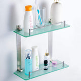 HOMEIDEAS Bathroom Tempered Glass Shelf Wall Mounted -14 Inch 2 Tier Brushed Nickel Rustproof SUS304 Stainless Steel Frosted Glass Shelf