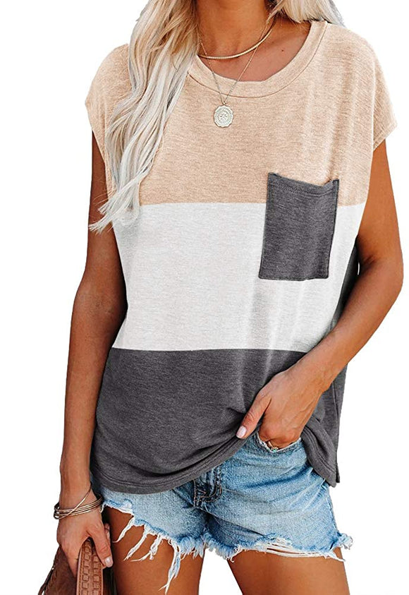 Womens Color Block Cap Sleeve Tshirts Casual Summer Loose Tops with Pocket