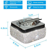 Ashtray,Stainless Steel Ashtray with Lid Bling Crystal Diamonds,Cigarette Ashtray for Indoor or Outdoor Use,Ash Holder for Smokers,Desktop Smoking Ash Tray for Home Office Decoration,Square - Silver