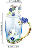 Glass Tea Cup Coffee Mug, Handicraft 3D Vintage Flower Cup with Lid Coaster and Tea Spoon, Unique Butterfly and Blue Rose Enamel Design, Best Gift Decoration (350ml, 11.84 oz)