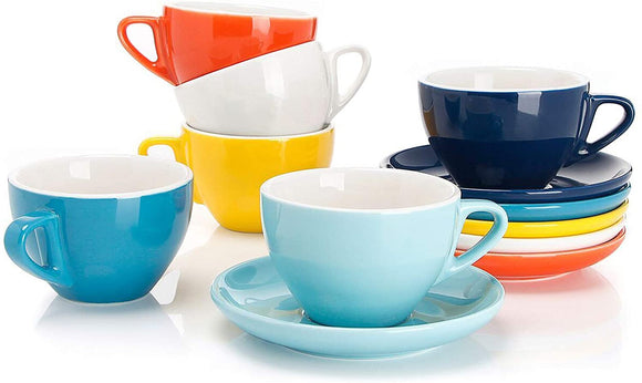 Sweese 403.002 Porcelain Cappuccino Cups with Saucers - 6 Ounce for Specialty Coffee Drinks, Latte, Cafe Mocha and Tea - Set of 6, Multicolor, Hot Assorted Colors
