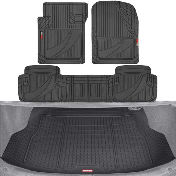 Motor Trend FlexTough Advanced Black Rubber Car Floor Mats with Cargo Liner Full Set – Front & Rear Combo Trim to Fit Floor Mats for Cars Truck Van SUV, All Weather Automotive Floor Liners