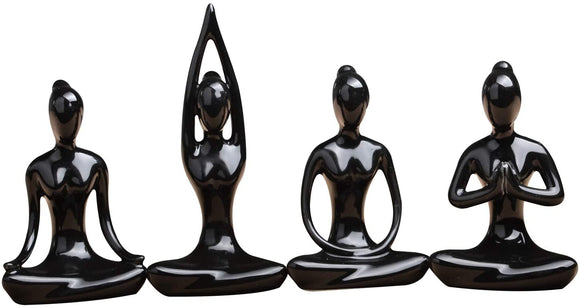OwMell Lot of 4 Meditation Yoga Pose Statue Figurine Ceramic Yoga Figure Set Decor (Black Set)