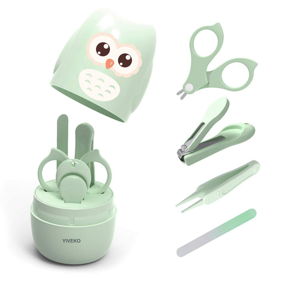 Baby Nail Kit, 4-in-1 Baby Nail Care Set with Cute Case, Baby Nail Clippers, Scissors, Nail File & Tweezers, Baby Manicure Kit and Pedicure kit for Newborn, Infant, Toddler, Kids-Owl Green