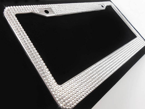 Crystal Bling License Plate Frame, Stainless Steel Metal Frame + Free Crystal Screw Cap Covers, Bling Car Accessories for Women