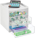 mDesign Plastic Home Office Desk Organizer Storage Station - Holds Gel Pens, Erasers, Tape, Push Pins, Pencils, Markers - Compact, Space Saving - 3 Drawers - Black/Clear