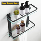 Hoimpro Bathroom Lavatory Glass Shower Shelf, Tempered Glass 2 Tier Shelves with Towel Bar Wall Mounted Shower Storage, Square Style, Heavy Duty Aluminum/Matte Black