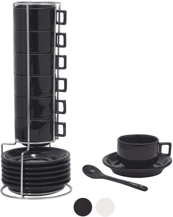 Houseables Espresso Cup, Spoon & Saucer Set, Black, Stackable Demitasse Cups with Metal Stand, Spoons, 19 Pieces, 2.5 Ounce, Porcelain, Tea Kit, ,Turkish Coffee Mug, Organizer Rack, Dishwasher Safe