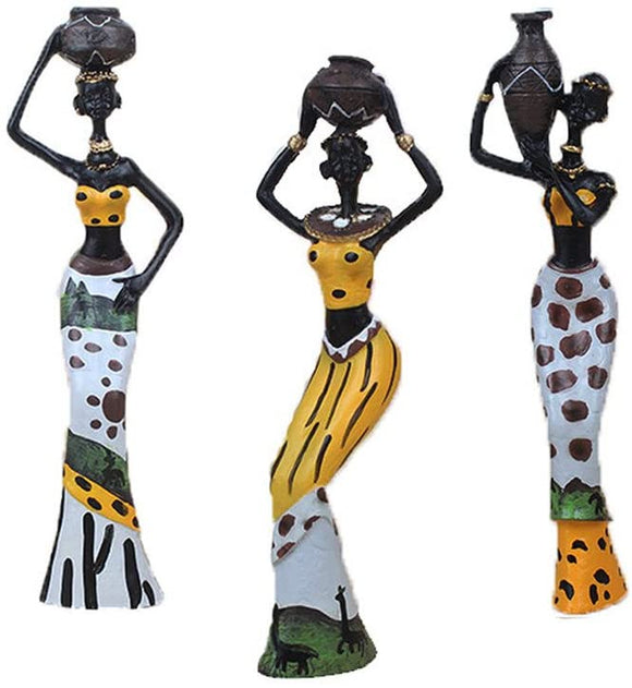 Gedengni African Figure Sculpture Tribal Lady Figurine Statue Decor Collectible Art Piece, 7.5-Inch, Pack of 3