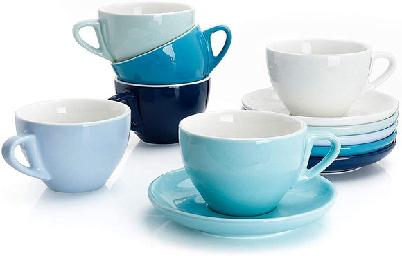 Sweese 403.003 Porcelain Cappuccino Cups with Saucers - 6 Ounce for Specialty Coffee Drinks, Latte, Cafe Mocha and Tea - Set of 6, Cool Assorted Colors