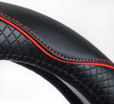 Valleycomfy Universal 15 inch Auto Car Steering Wheel Cover with Black Genuine Leather add Red Lines for X1 X3 X5 335i 535i HRV CRV Accord Corolla Prius,etc