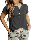 Womens Short Sleeve Buttons Henley Shirts Solid Loose Fit Summer Blouses Tops