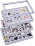 Sackcloth Stackable Jewelry Tray With Lid Jewelry Organizer For Drawer Earring Storage Necklace Organizer Ring Box Bracelact Display Set(gray-black)