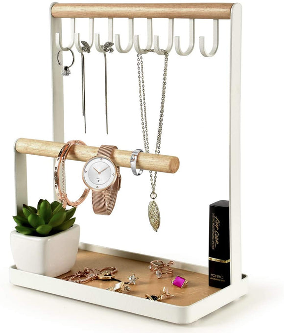 PAMANO Jewelry Stand Holder, 3-Tier Necklace Hanging Wooden Ring Organizer Earring Tray, 8 Hooks Storage Necklaces, Bracelets, Rings and Watches on Desk Tabletop- White