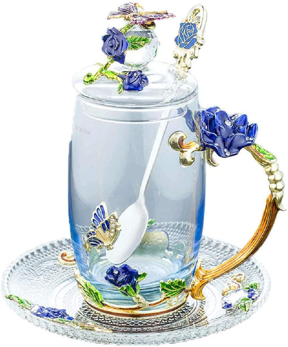 Glass Tea Cup Coffee Mug, Handicraft 3D Vintage Flower Cup with Lid Coaster and Tea Spoon, Unique Butterfly and Blue Rose Enamel Design, Best Gift Decoration (350ml, 11.84 oz)